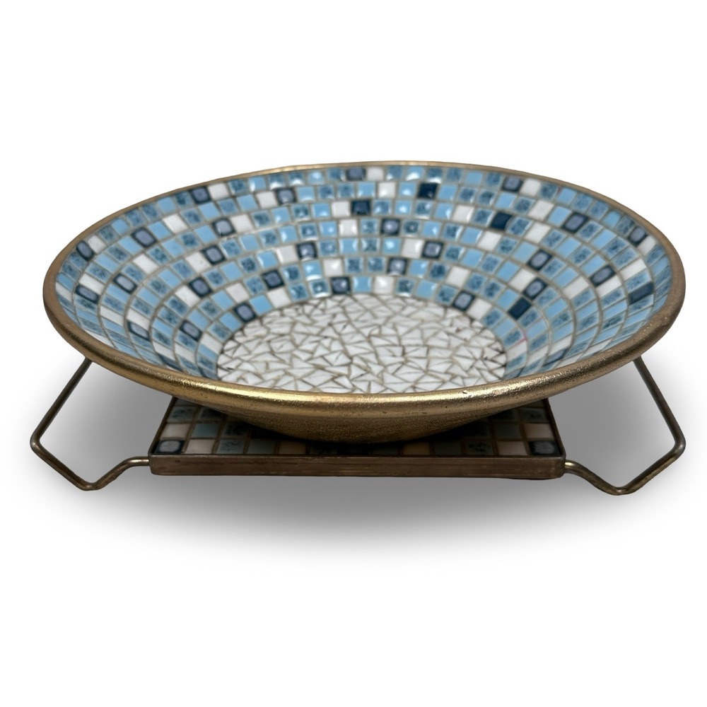 Vintage MCM Blue White Gray Mosaic Tile Bowl and Stand Set Made in Canada